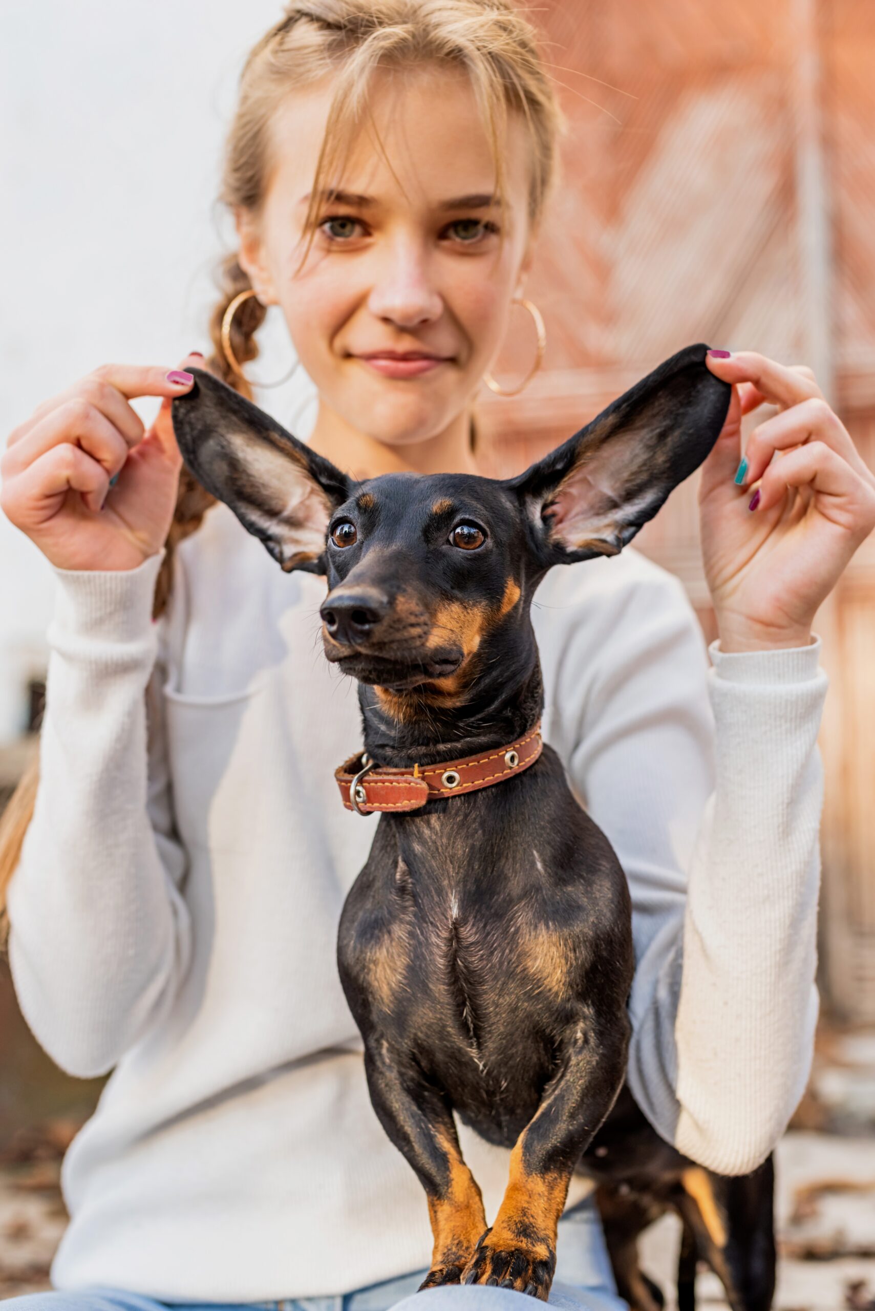 teenager girl playing with her dachshund dog outdoors Junge Frau mit ihrem Hund